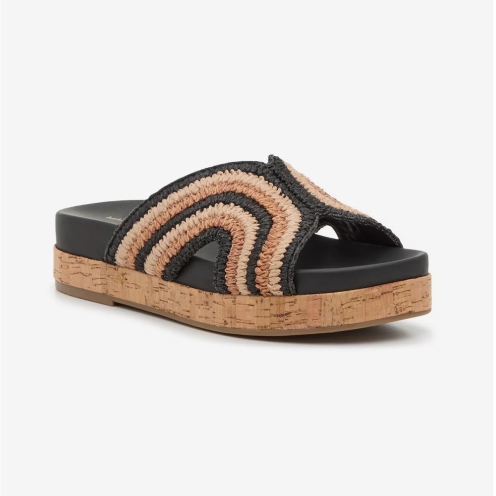 Marc Fisher Black and Beige Cork Platform Slide Sandals